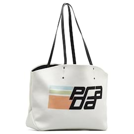 Prada-White Prada Canapa Racing Logo Shopping Tote-White