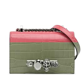 Alexander Mcqueen-Pink Alexander McQueen Mini Croc-Embossed Skull Jeweled Crossbody-Pink