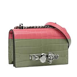 Alexander Mcqueen-Pink Alexander McQueen Mini Croc-Embossed Skull Jeweled Crossbody-Pink