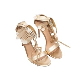 Gianvito Rossi-Gold & White Gianvito Rossi Leather Fringe Heeled Sandals Size 40-Golden
