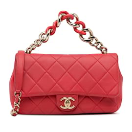 Chanel-Borsa a tracolla singola Chanel mini in pelle di agnello rossa con catena elegante-Rosso