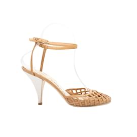 Chanel-Tan & White Chanel Leather Woven Heels Size 37-Camel