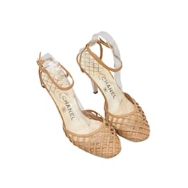 Chanel-Tan & White Chanel Leather Woven Heels Size 37-Camel