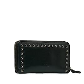 Valentino-Black Valentino Rockstud Zip Around Leather Long Wallet-Black