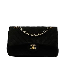 Chanel-Sac à bandoulière à rabat doublé en daim Chevron moyen Chanel noir-Noir