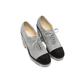 Chanel-Grey & Black Chanel Suede Embellished Platform Oxfords Size 37.5-Grey