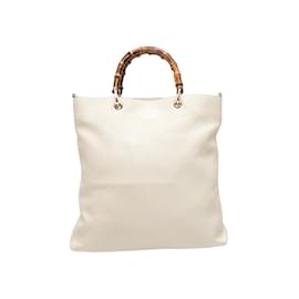 Gucci-White Gucci Leather & Bamboo Shopping Tote-White