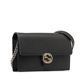 Gucci-Portefeuille noir Gucci Dollar Interlocking G sur chaîne-Noir