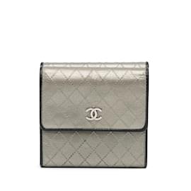 Chanel-Silver Chanel CC Compact Trifold Wallet-Silvery
