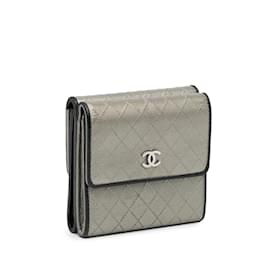 Chanel-Silver Chanel CC Compact Trifold Wallet-Silvery