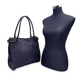 Gucci-Black Denim Monogram Canvas Shoulder Bag Shopping Tote-Black