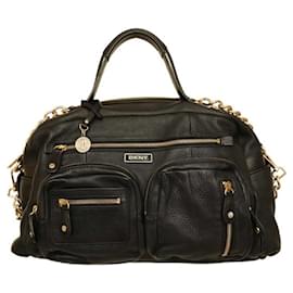 Donna Karan-Donna Karan DKNY Black Leather Top Handles Satchel Pockets Chain Shoulder Bag-Black