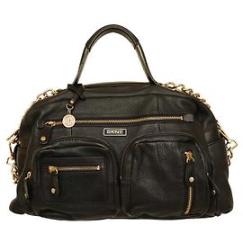 Donna Karan DKNY Bolsa de ombro em couro preto com alças e bolsos com corrente Preto