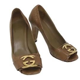 Gucci-GUCCI Guccissima GG Canvas High Heels Leather 37 C Brown Auth ti1349-Brown