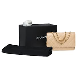 Chanel-Carteira CHANEL em bolsa com corrente em couro bege - 101576-Bege
