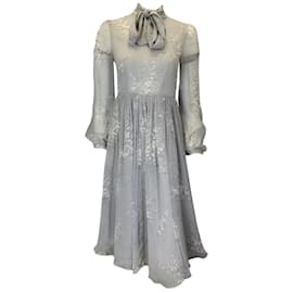 Autre Marque-CO. Grey Floral Printed Tie-Neck Long Sleeved Chiffon Dress-Grey