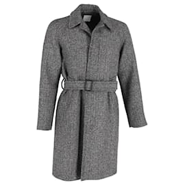 Sandro-Sandro Paris Herringbone Belted Coat in Grey Wool Blend-Brown