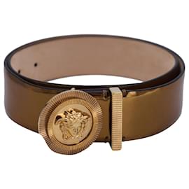 Versace-VERSACE 34"Cinto com fivela espelhada Medusa em couro dourado-Dourado