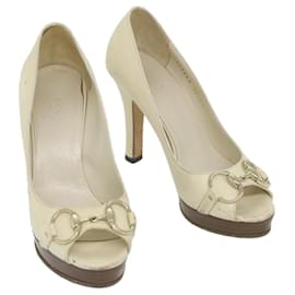 Gucci-GUCCI Horsebit High Heels Leather 35.5 C White Auth ti1350-White