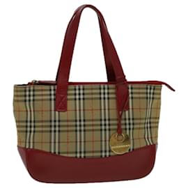 Burberry-BURBERRY Nova Check Hand Bag Canvas Beige Red Auth 60179-Red,Beige