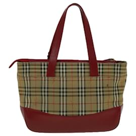 Burberry-BURBERRY Nova Check Hand Bag Canvas Beige Red Auth 60179-Red,Beige