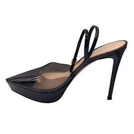Gianvito Rossi-Gianvito Rossi Black Transparent High Heeled Pointed Toe Ankle Strap Pumps-Black