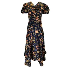 Ulla Johnson-Ulla Johnson Navy Blue Multi Heleen Puff-Sleeve Floral Silk Asymmetric Midi Dress-Blue