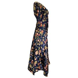 Ulla Johnson-Ulla Johnson Navy Blue Multi Heleen Puff-Sleeve Floral Silk Asymmetric Midi Dress-Blue