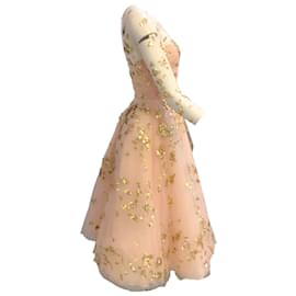 Oscar de la Renta-Oscar de la Renta Rosa Claro / Vestido de tule em malha dourada com lantejoulas-Rosa