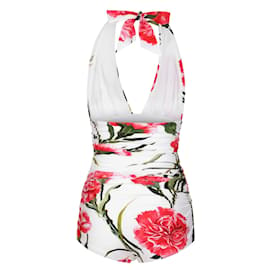 Dolce & Gabbana-Dolce & Gabbana Ruched Floral Print Halterneck Swimsuit-White