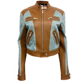 Versace-Versace Blue Logo Tan Leather Allover Moto Jacket-Brown