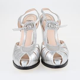 Fendi-Silver Chameleon Block Heel Sandals-Silvery