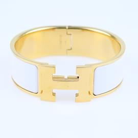 Hermès-White Enamel Gold Plated Clic Clac H Bangle Bracelet-Golden