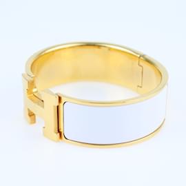 Hermès-White Enamel Gold Plated Clic Clac H Bangle Bracelet-Golden