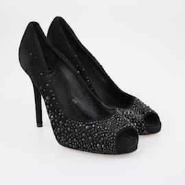 Dolce & Gabbana-Black Crystal Embellished Peep Toe Pumps-Black