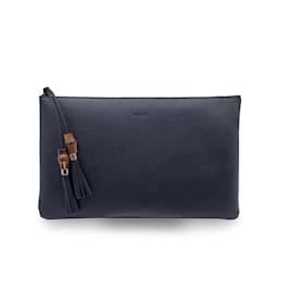 Gucci-Black Leather Pochette Bamboo Tassel Clutch Bag Handbag-Black