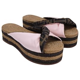 Fendi-Fendi Zucca FF Logo Platform Espadrilles in Multicolor Satin -Pink,Other