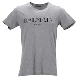 Balmain-Balmain Logo T-shirt in Grey Cotton-Grey