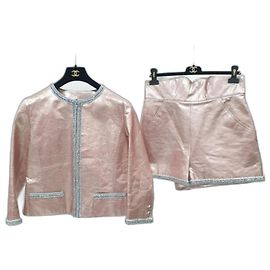 Chanel 20S Metallic Pink Leather Silver Embroidered Jacket Shorts Suit Pink