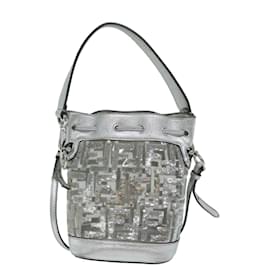 Fendi-FENDI Zucca Canvas Montrezor Shoulder Bag Silver Auth 59882A-Silvery