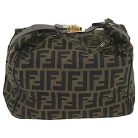 Fendi-FENDI Zucca Canvas Vanity Cosmetic Pouch Nero Marrone Auth 59688-Marrone,Nero