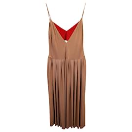 Victoria Beckham-Victoria Beckham Pleated V-Neck Midi Dress in Brown Viscose-Beige