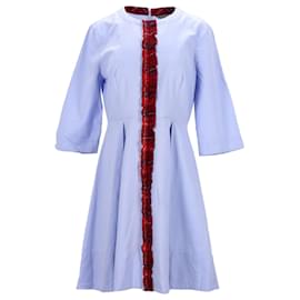 Tommy Hilfiger-Vestido feminino Oxford de algodão com babados-Azul,Azul claro