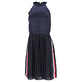 Tommy Hilfiger-Tommy Hilfiger Womens High Neck Pleated Satin Dress in Navy Blue Polyester-Navy blue