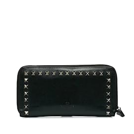 Valentino-Leather Rockstud Zip Around Wallet-Black