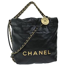 Chanel-Chanel Chanel 22 Bolsa de mão com corrente em couro preto AS3980 Autenticação CC 59889S-Preto