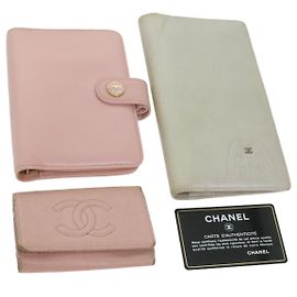 CHANEL Key Case Day Planner Cover Wallet Leather 3Set Pink Beige CC Auth bs9354 Pink Beige