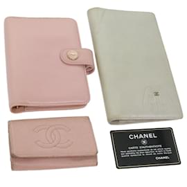 Chanel-CHANEL Key Case Day Planner Cover Wallet Leather 3Set Pink Beige CC Auth bs9354-Pink,Beige