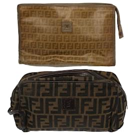 Fendi-FENDI Pochette en toile Zucca en toile Zucchino 2Set Marron Noir Auth ti1353-Marron,Noir