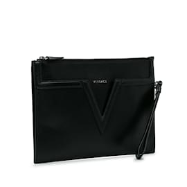 Versace-Bolso de mano Versace de cuero con logo V negro-Negro